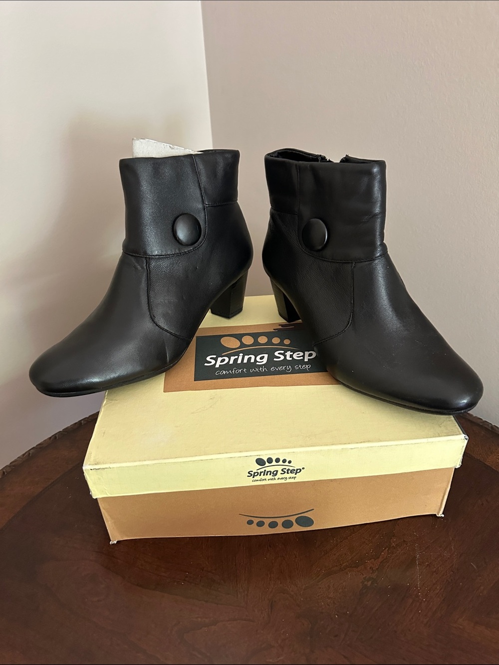 Spring Step Black Leather Button-Accent Ankle Boots